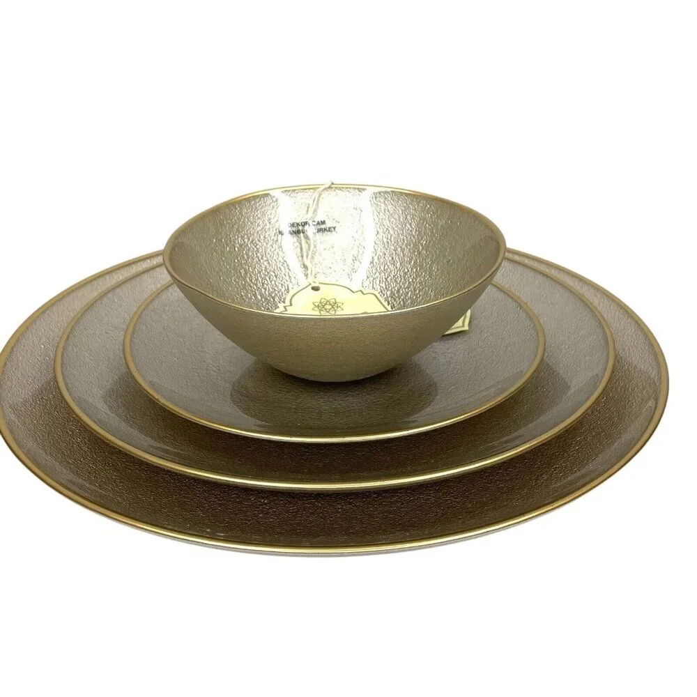 Turkish Glass 5 Charger Plates Set Platinum Gold Textured Gold Rim 13